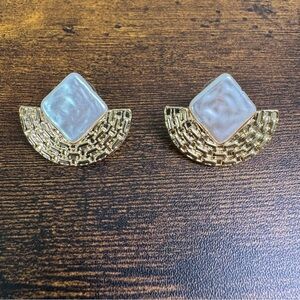 Gold and White Faux Pearl Demi Lune Post Earrings Celestial Half Moon Geometric